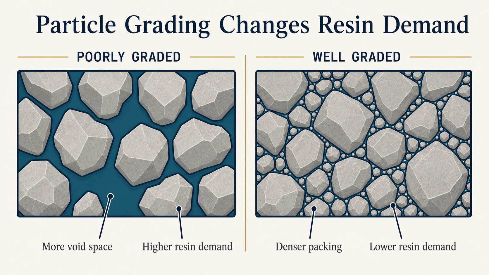 Poorly graded aggregate leaves larger resin-filled voids, while a well-graded blend uses smaller particles to fill spaces and reduce resin demand.